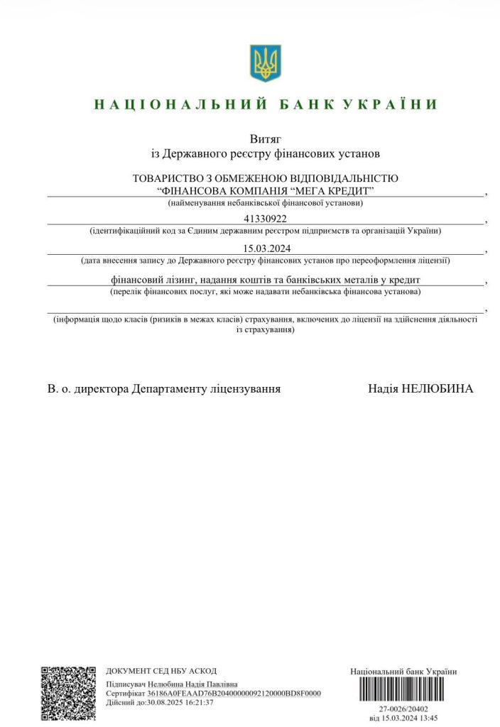 Держваний реєстр фінансових компаній Мега Кредит